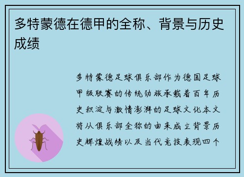 多特蒙德在德甲的全称、背景与历史成绩